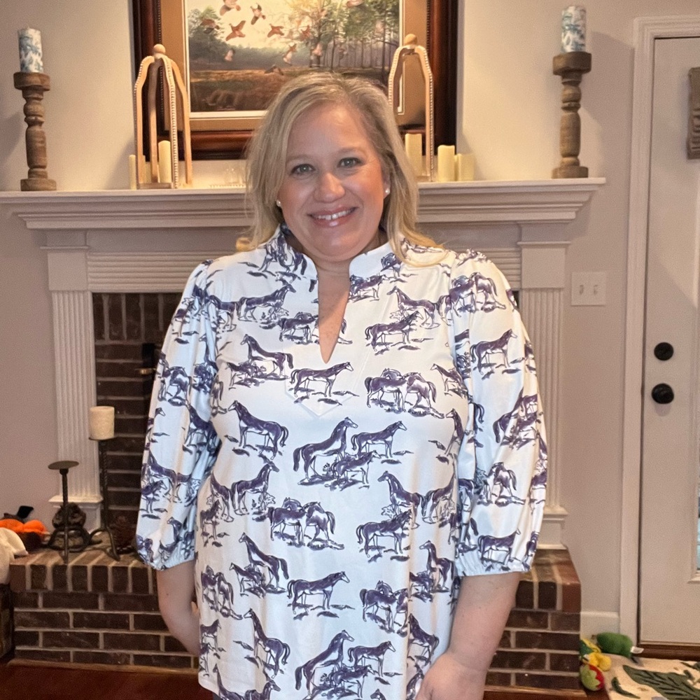 Women's White Horse-Print Split-Neck Blouse